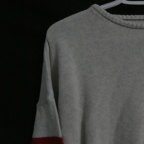Women's Grey Cropped Sweater | medium | Red and Blue Striped Sleeves - Picture 3 of 15